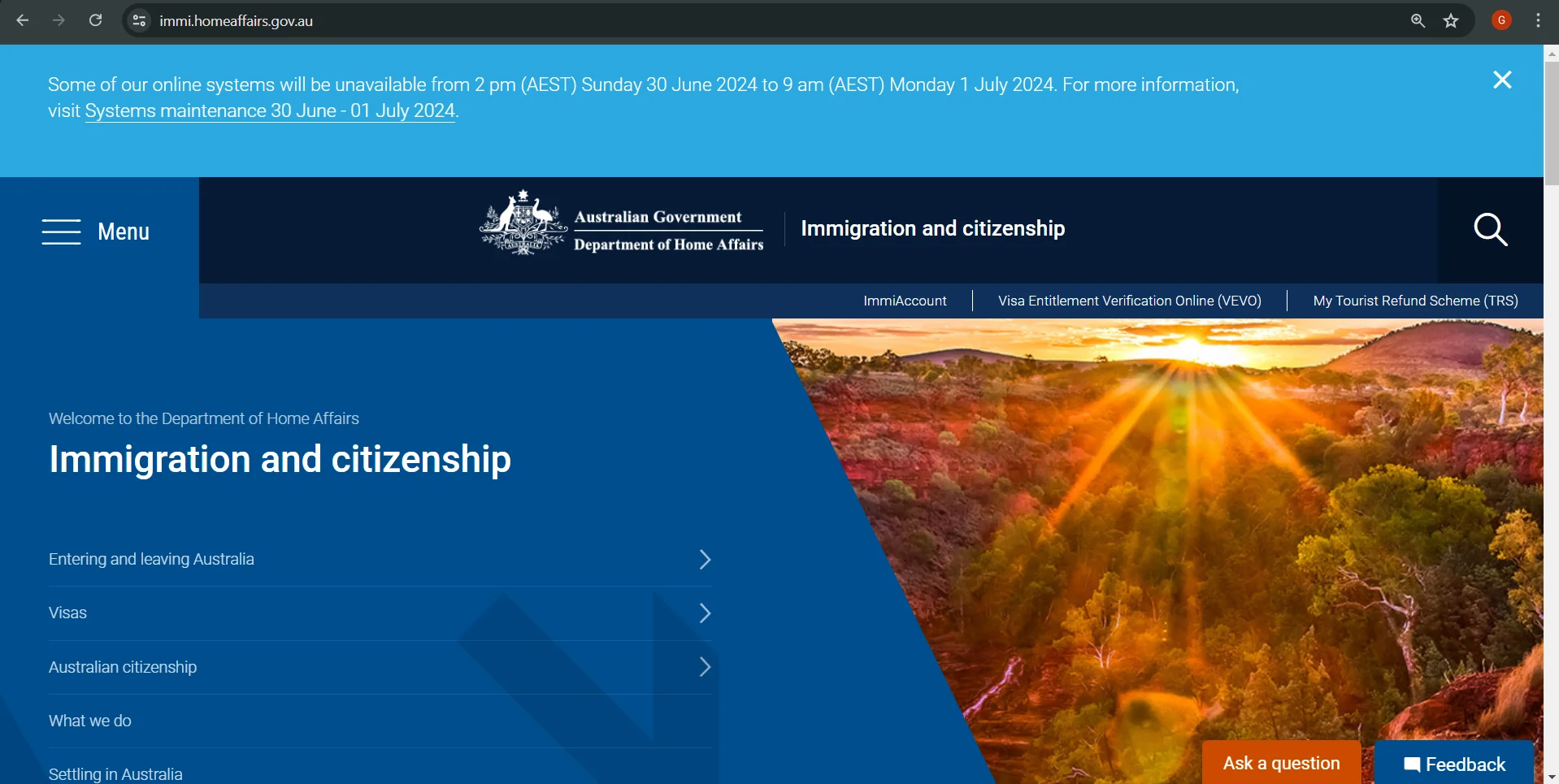 Australia Immigration Website Maintenance